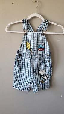 Snoopy Peanuts Baby Boy Plaid Shortall Overalls 18M Up and Away Kite